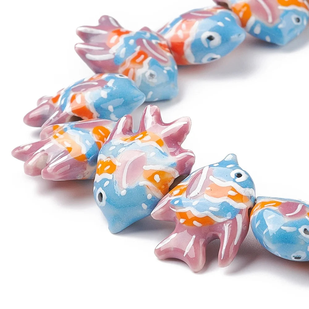 Pandahall 20pcs Handmade Porcelain Fish Beads, Multicolor Ceramic Beads 17-22x21-22x7-7.5mm with 2mm Hole for DIY Jewelry Making Qme Pink