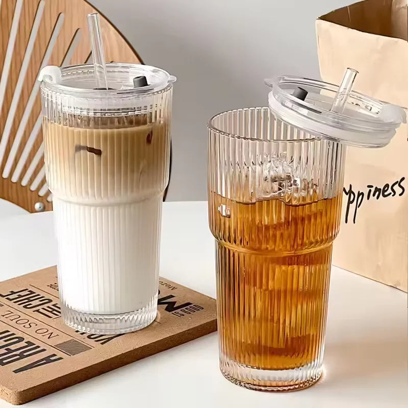 Large Capacity Stripe Glass Coffee Cup With Lid Cover Straw Transparent Drinking Glasses For Juice Iced Coffee Mugs Drinkware Qme