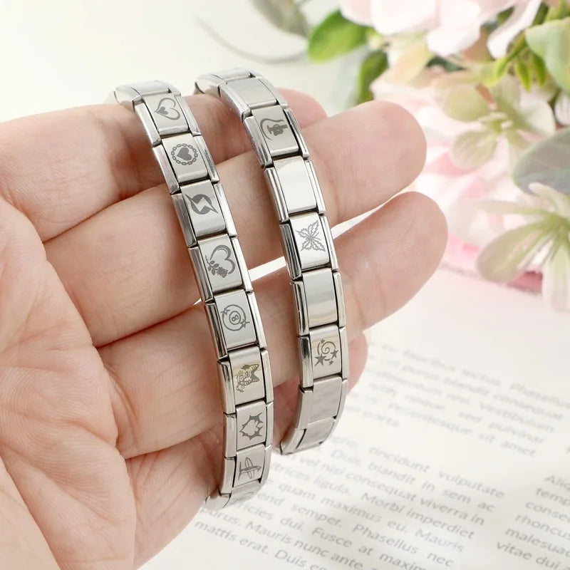 Wholesale Laser Engraving Lightning Heart NO.8 Ball Italian Charm Links Fit 9mm Stainless Steel Bracelet Men Women DIY Making Qme
