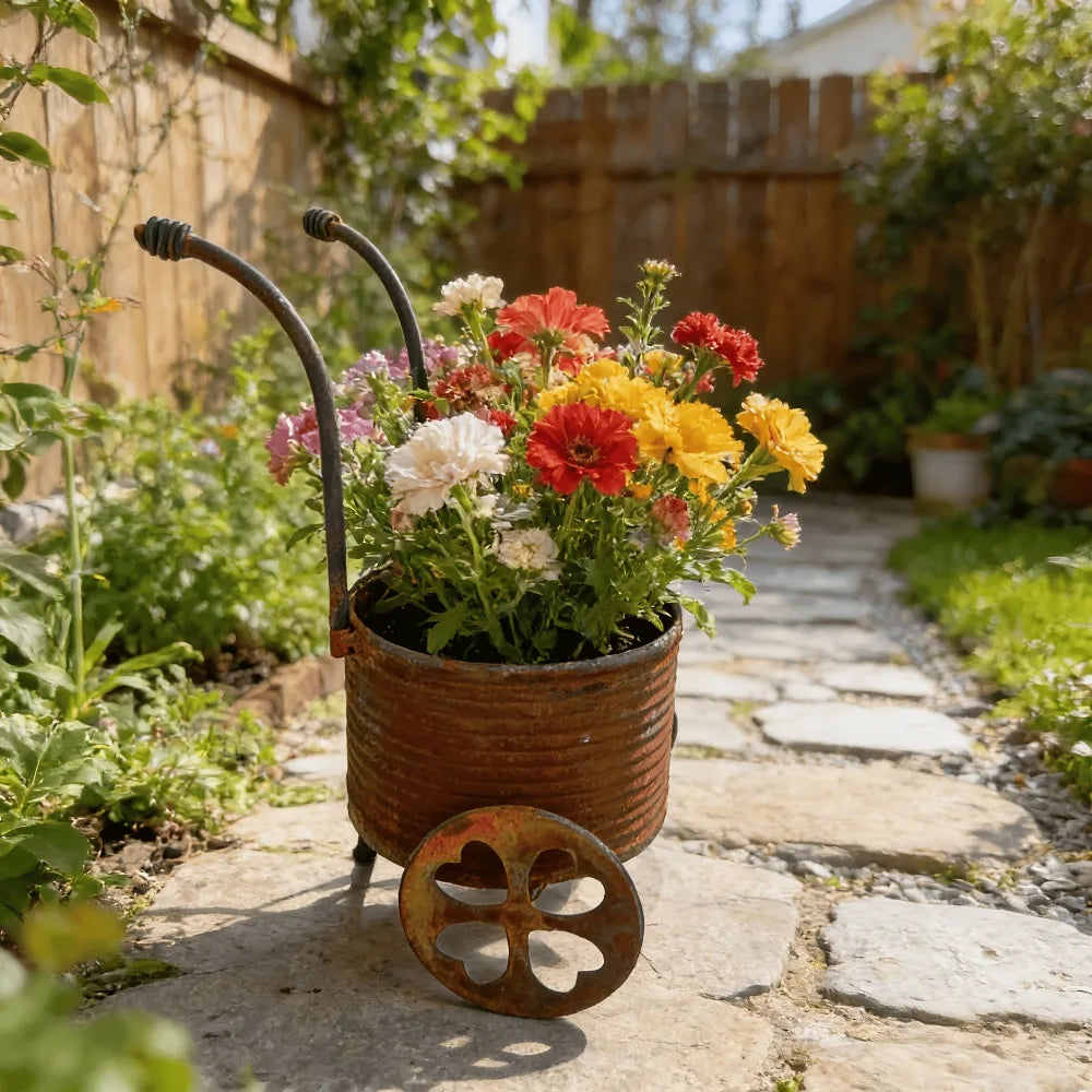 Rustic Iron Wrought Small Trolley Planter Distressed Four-leaf Clover Wheeled Flower Pot Creative Decorative Piece for Balcony Qme