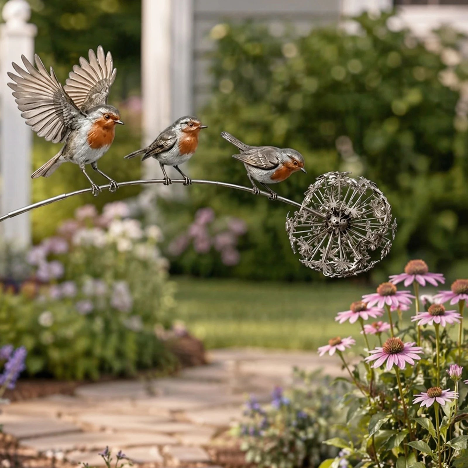 Robin Garden Stake with Dandelion Accent Outdoor Yard Art Stake Rustic Bird Yard Art Garden Ornament for Lawn Patio Backyard Qme