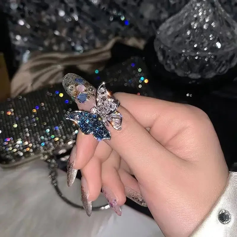 Exquisite Luxury Shiny 3D Exaggerated Two Color Butterfly Open Ring Crystal Geometric Zircon Rings Women Anniversary Jewelry Qme