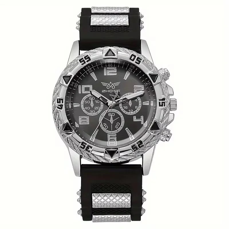 New Business Leisure Fashion Large Dial Alloy Steel Strip Blue Light Three Eye Men's Quartz Watch Qme Coffee