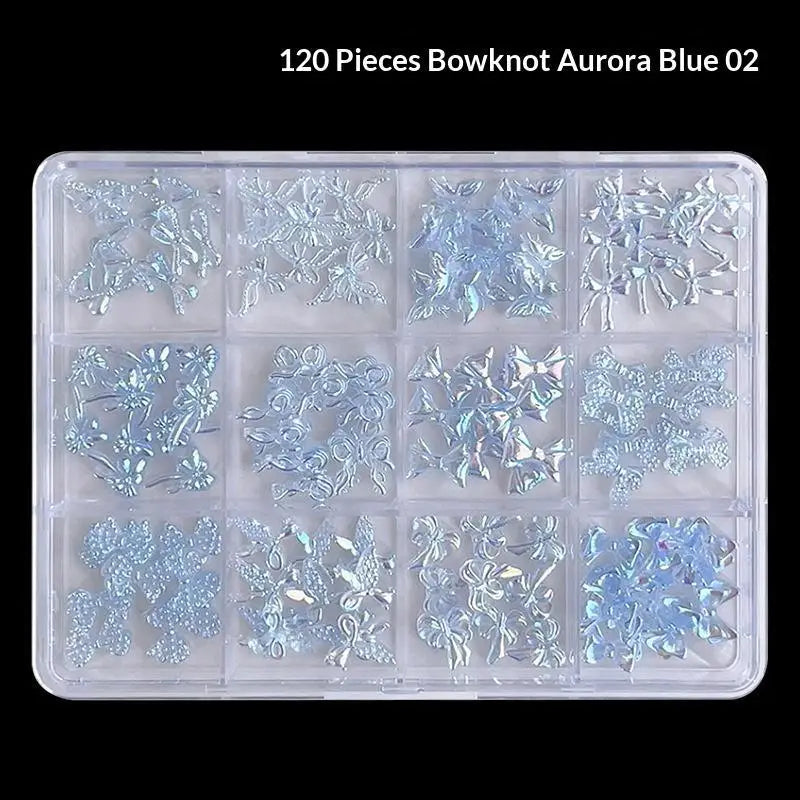 120 Iridescent Aurora Bow Nail Charms Clear Storage Box Perfect DIY Qme Blue