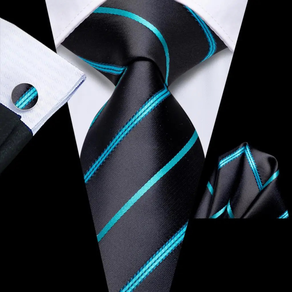 Hi-tie Striped Navy Blue Mens Fashion Necktie Handkerchief Cufflinks