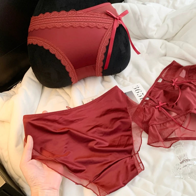Women Cherry Red Lucky Satin Mesh Panties 10A Extended Mulberry Silk Qme