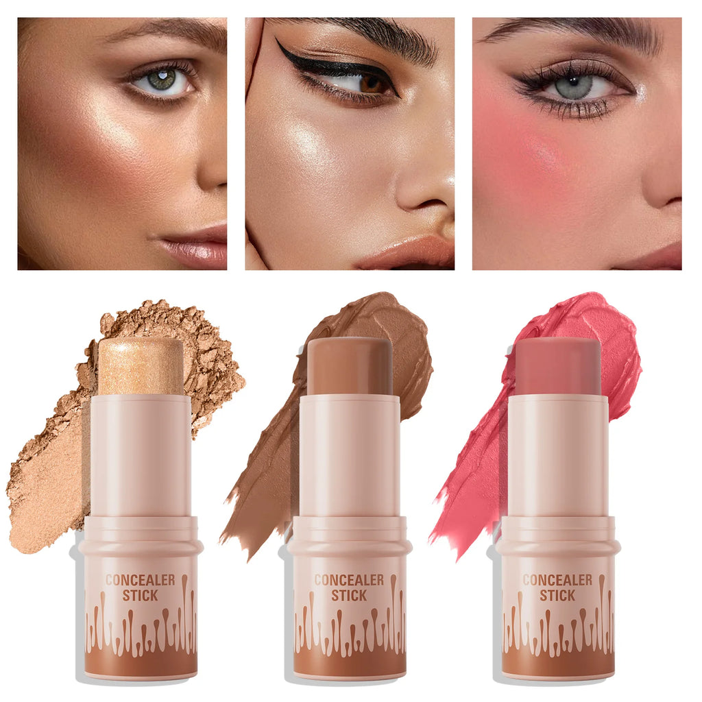 3-Piece Cream Contour Set, Contour Sticks, Highlighter Stick, Blush Stick, Including Brush, Non-Greasy Waterproof Long-Lasting Qme