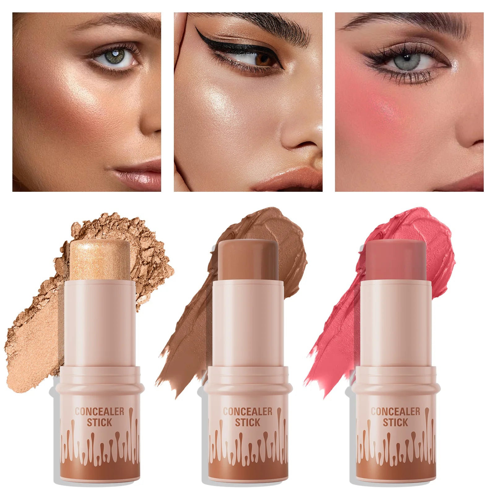 3-Piece Cream Contour Set, Contour Sticks, Highlighter Stick, Blush Stick, Including Brush, Non-Greasy Waterproof Long-Lasting Qme