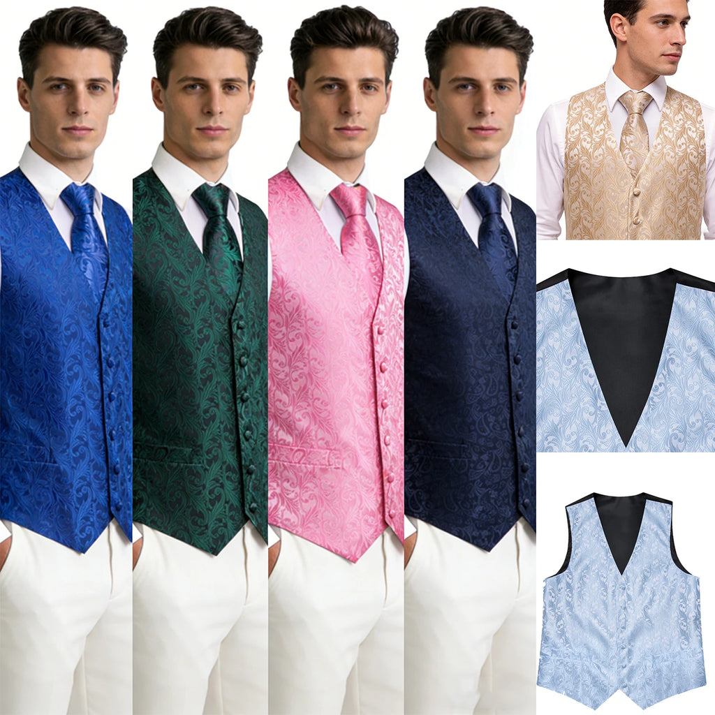 Men's Classic Floral Vest Tie Hanky Cufflinks Waistcoat Weddings Qme