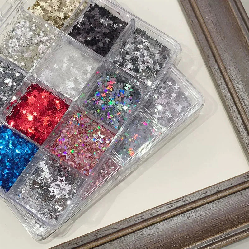 12-grid Star Butterfly Starburst Mixed Nail Art Glitter DIY Qme