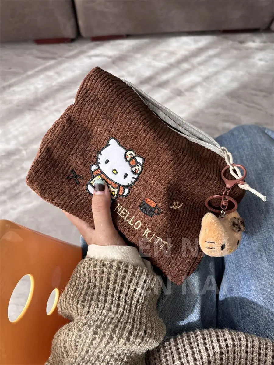 Hello Kitty Embroidered Handheld Corduroy Makeup Bag Large Capacity Qme