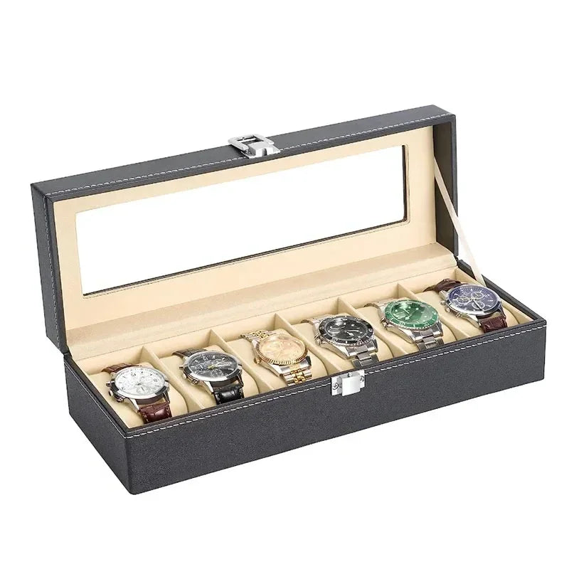 Hot Sale PU Leather Display Storage Collection Organizer watch box Case With Glass Top Slot Men Watch Bracket Display Box Gifts Qme