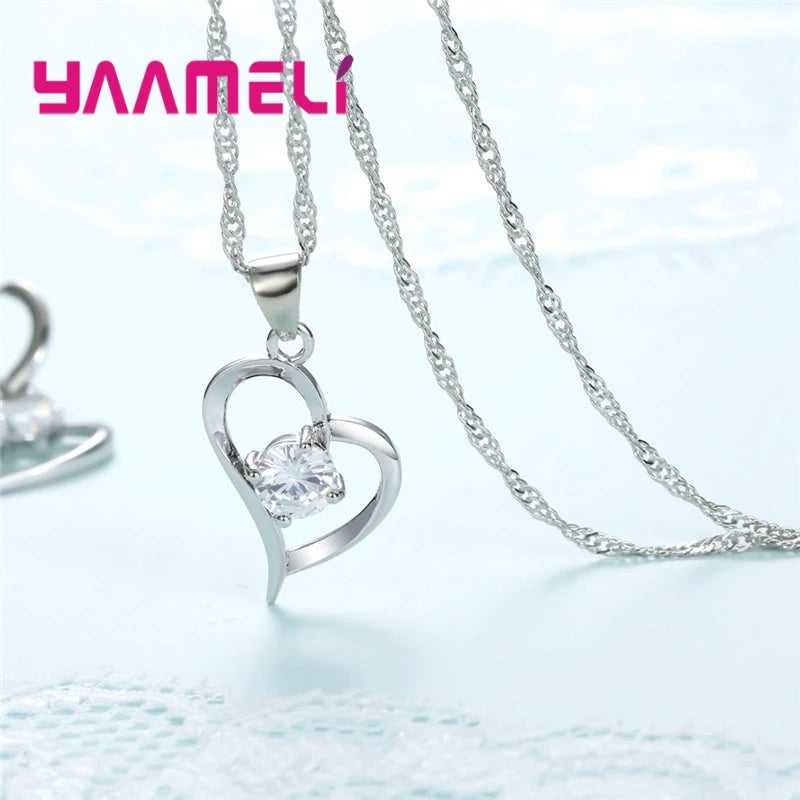 925 Sterling Silver Color Wedding Jewelry Sets for Women Love Heart Hollow Pendants Necklaces Earrings Clear Austrian Crystal Qme
