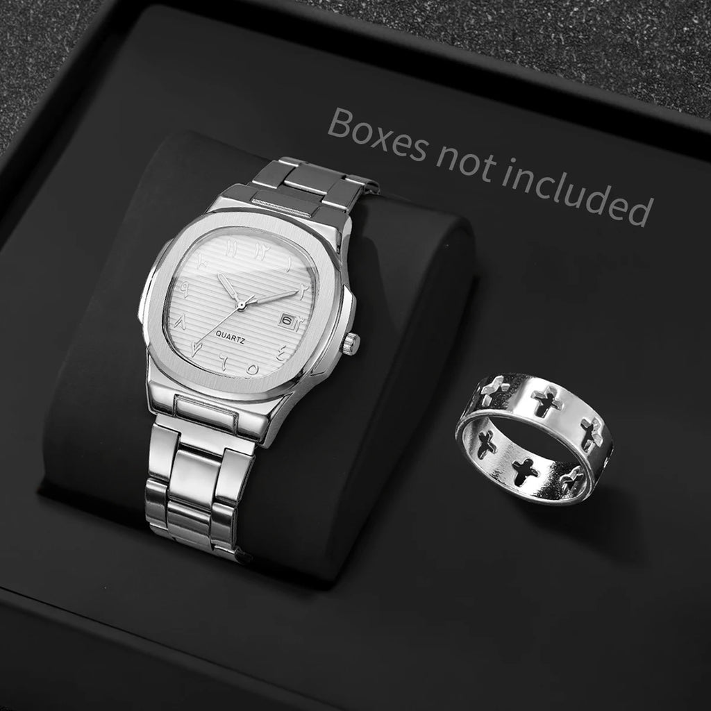 Men's Casual Silver Jewelry Set, Silver Dial Arabic Numeral Quartz Watch with Stainless Steel Band and Cross Cutout Ring Qme 2PCS No Box