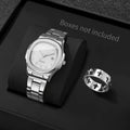 Men's Casual Silver Jewelry Set, Silver Dial Arabic Numeral Quartz Watch with Stainless Steel Band and Cross Cutout Ring Qme 2PCS No Box