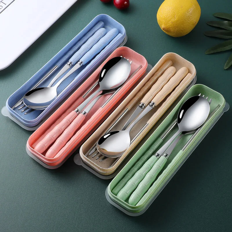 Portable Wheat Straw Cutlery Stainless Steel Spoon Fork Chopsticks Qme