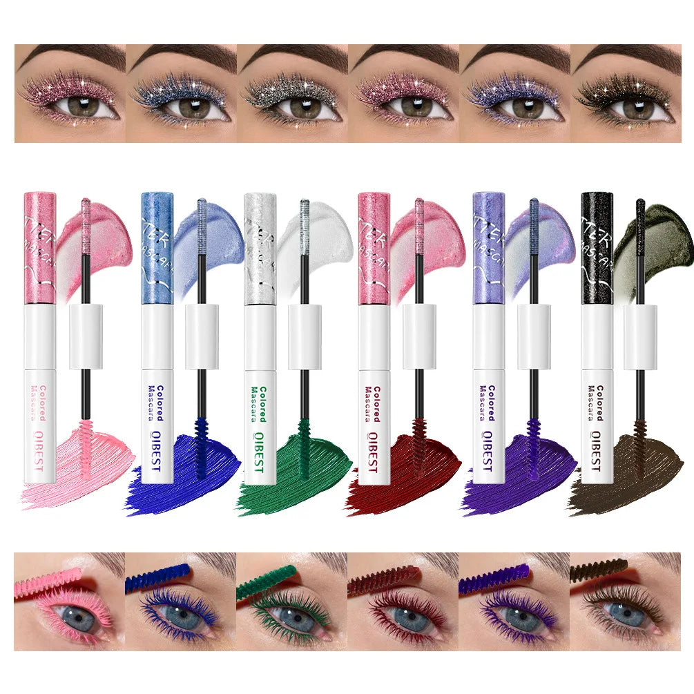 QIBEST Double Headed Diamond Glitter Mascara Long Lasting Colored Mascara Eyelashes Pink Blue Red Voluminous Waterproof Mascara Qme