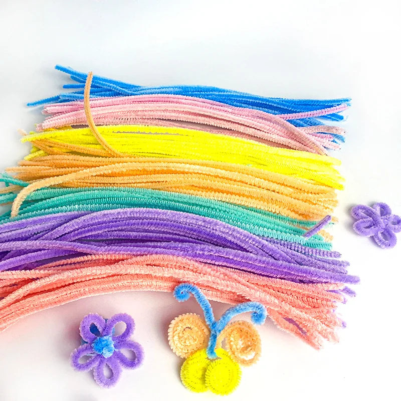 100PCS Colorful Chenille Stem Twisted Rod Wool Root Fluffy Bar Iron Wire DIY Handcraft Twisting Decorations Pipe Cleaners Plush Qme Macron 7 colors