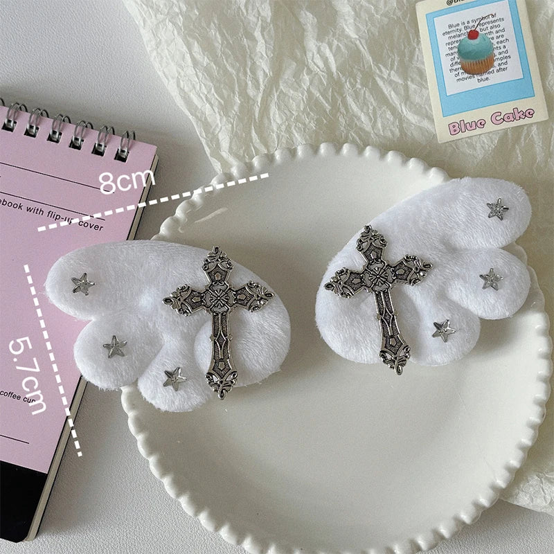 Cute White Angel Wings Gothic Cross Hair Clip Subculture Y2k Hairpin Qme A1