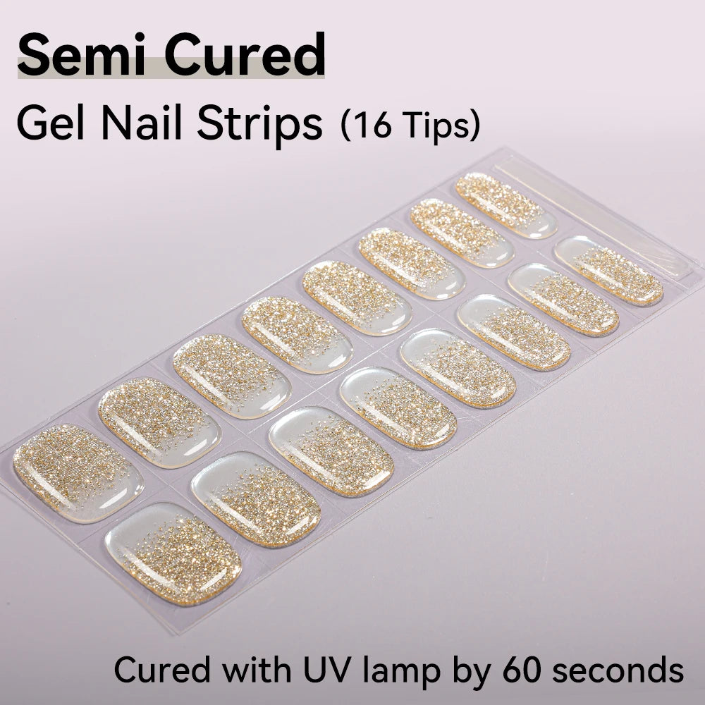 16Tips Semi-cured Gel Nail Sticker Colorful French Glitter UV LED