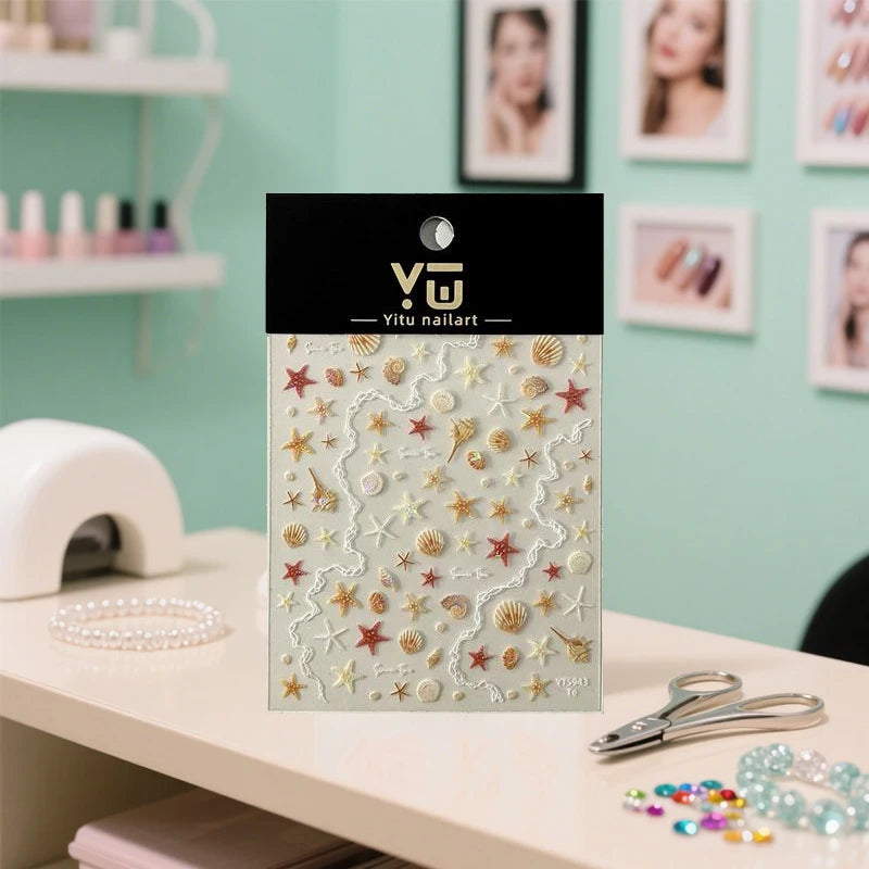 1 Sheet 5D Summer Seashell Nail Sticker Shiny Embossed Starfish Nails Qme