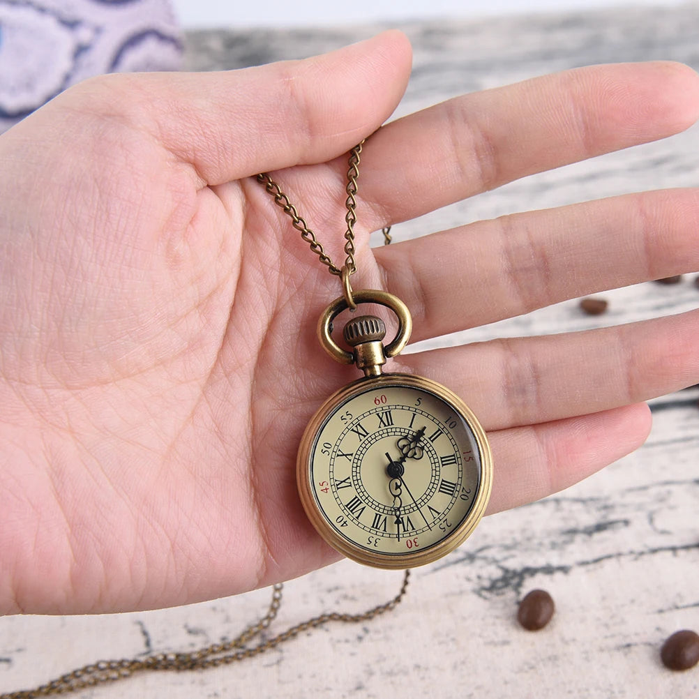 Simple Vintage Style Steampunk Beige Dial Roman Numbers Small Pocket Watch Necklace Pendant Qme
