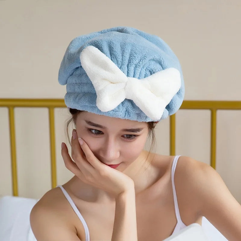 Dry Hair Cap Cute Bow Velvet Towel Ladies Super Absorbent Quick Dry Head Wrap Towel Shampoo Bath Caps Bathroom Toiletries Qme