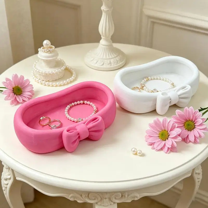 Cute Bow Decor Large Capacity Jewelry Storage Tray Smooth Vanity Dish Qme