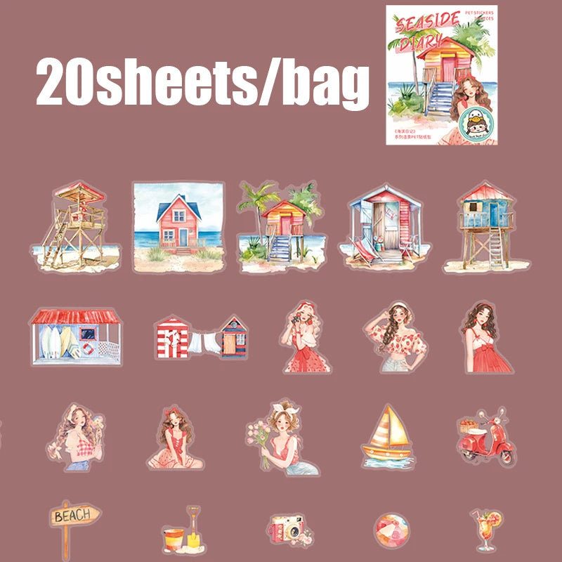 Vacation Girl & Scenery PET Sticker Pack, Journal Collage Decor, Toppa Decoration, Gift Wrapping & Multi-Purpose Stickers Qme D
