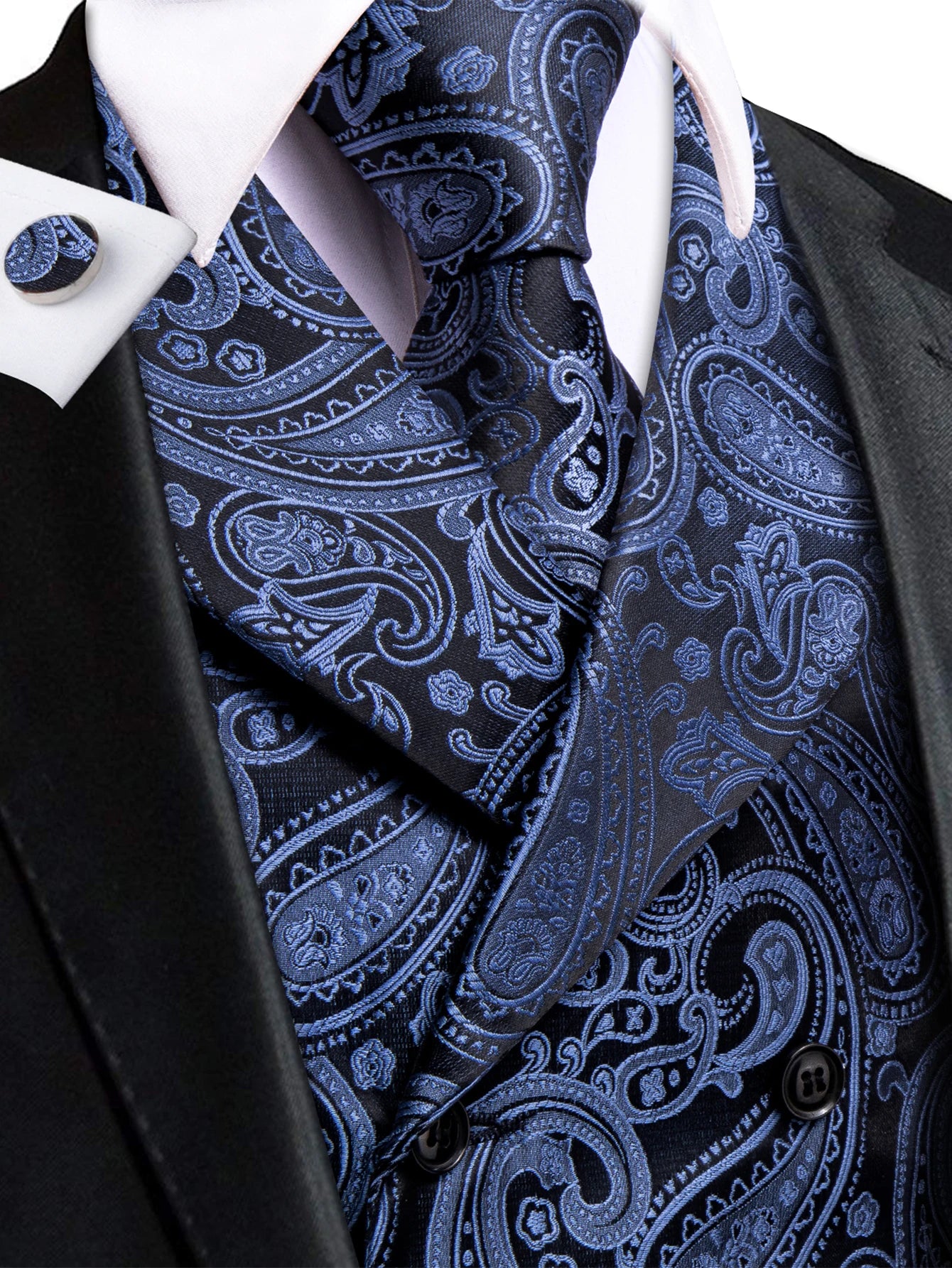 Men's Golden Paisley Vest Tie Hanky Cufflinks Luxury Tops Weddings Qme