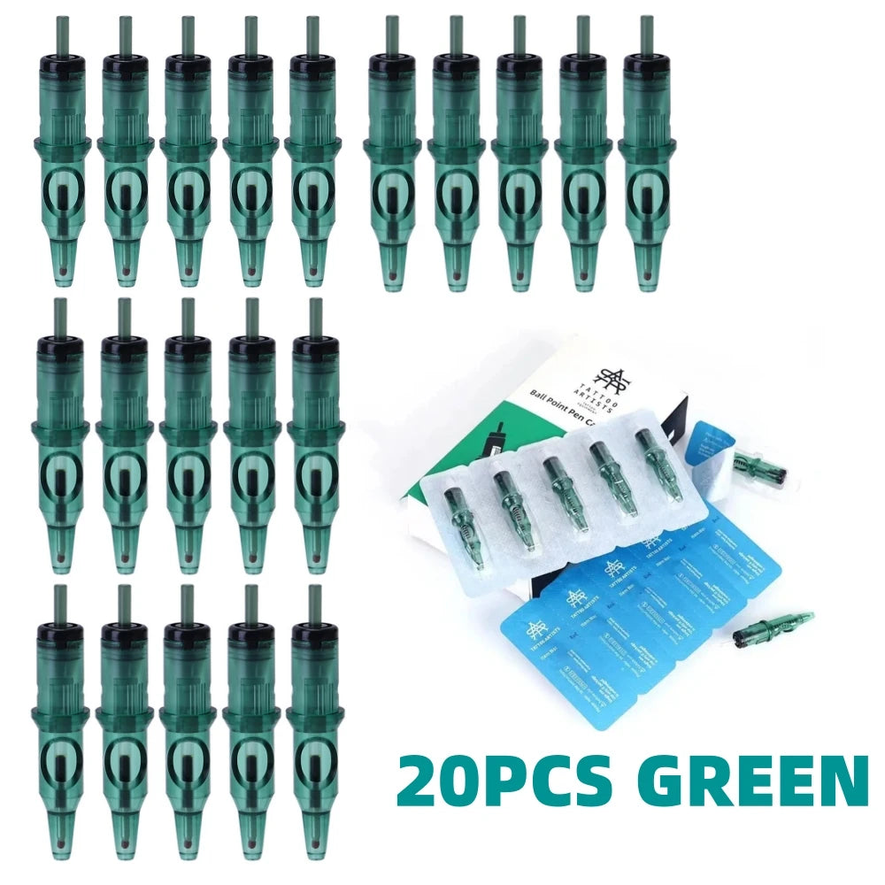 New Ball Point Pen Tattoo Cartridge Needles 5 Colors Practice Needles Drawing For Motor Tattoo Pen Grip Cartridge Supplies Qme 20PCS Green