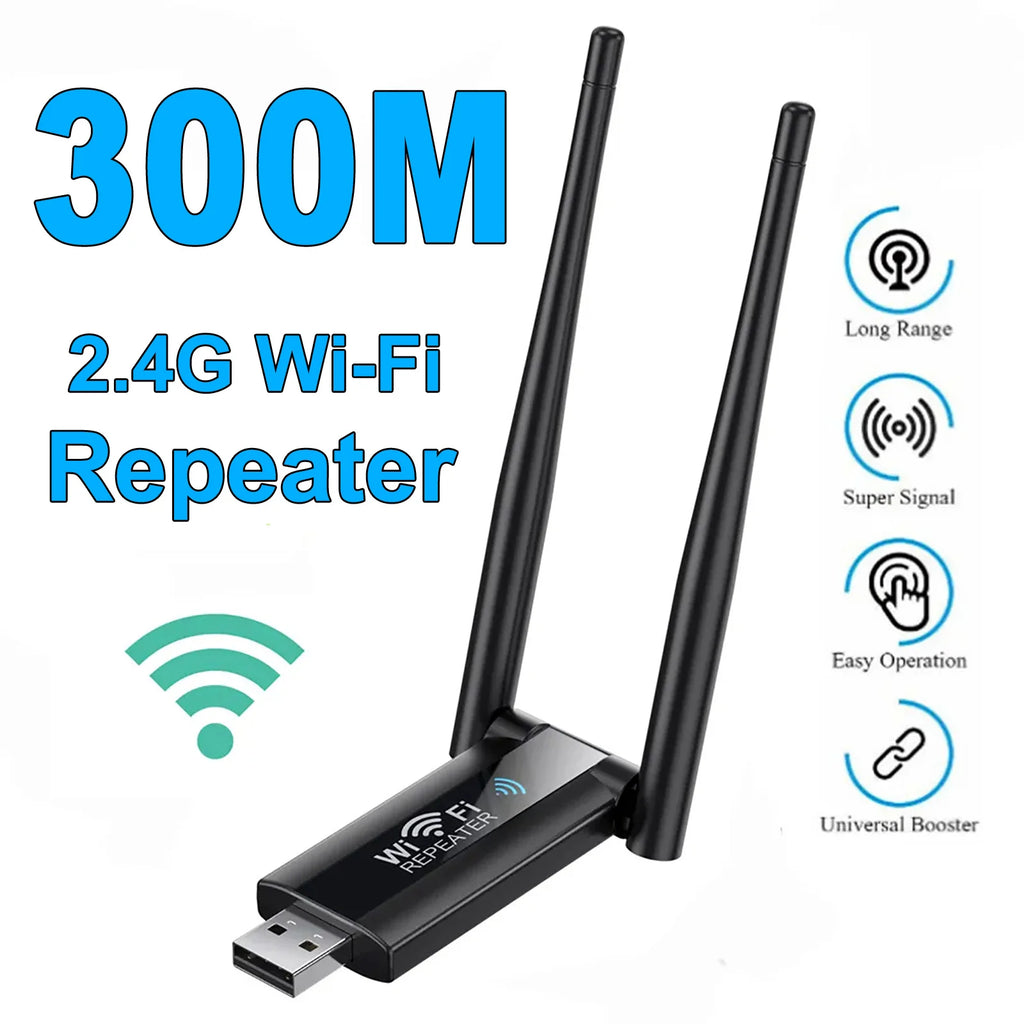 USB Wireless WiFi Extender 2.4G 300Mbps Signal Booster Long Range Repeater Access Point for Home Wi-Fi Router Network for PC Use Qme