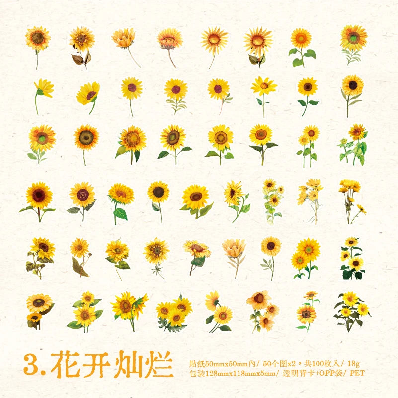 100pcs Flowers Sticker pack Rose Tulip Daisy Transparent Waterproof Plant hand account Decoration Scrapbooking Material Qme C
