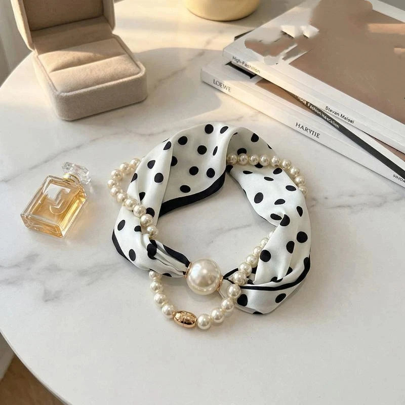 Magnetic Narrow Elegant Satins Neck Scarf Wrap Pearls Chain Necklace Qme