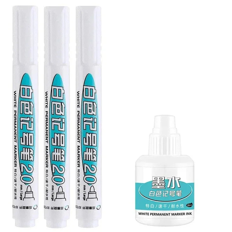 1/10/20Pcs White Permanent Paint Marker Pens 0.7/1.0/2.5mm Tip Waterproof for Glass Stone Metal Plastic Leather DIY Art Craft Qme 3 pen 1 ink set A