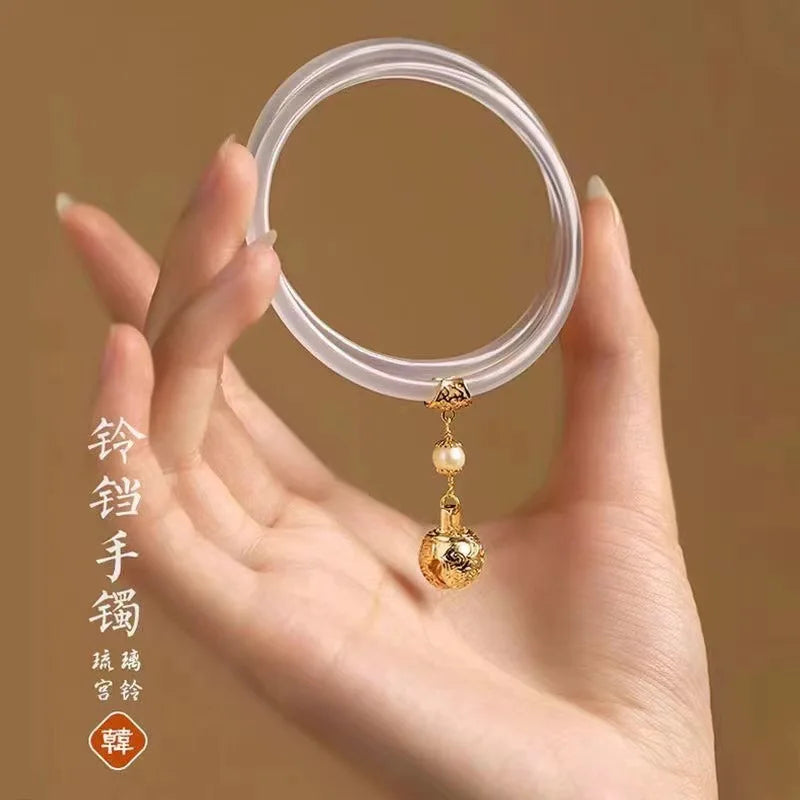 2Pcs/Set Natural Jade Jingle Bangles Retro Fairy Bell Glass Bracelet Femme Fashion Women's Casual China Jewelry Gifts Qme