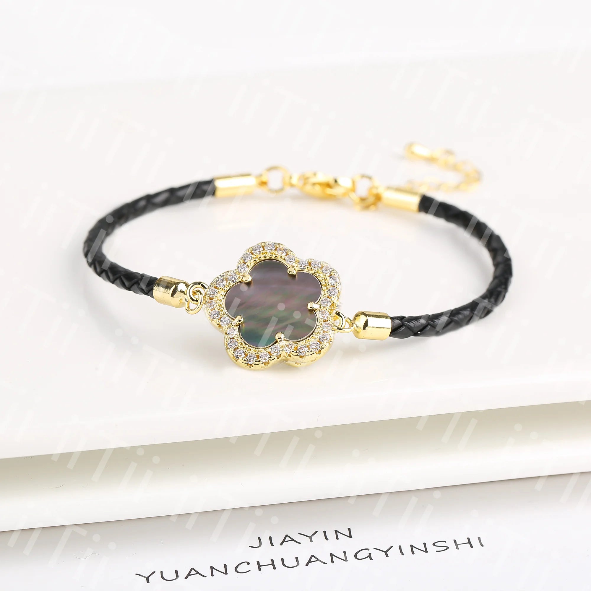 2024 Classic Shiny Zirconia Stone Five Leaf Flower Leather Braided