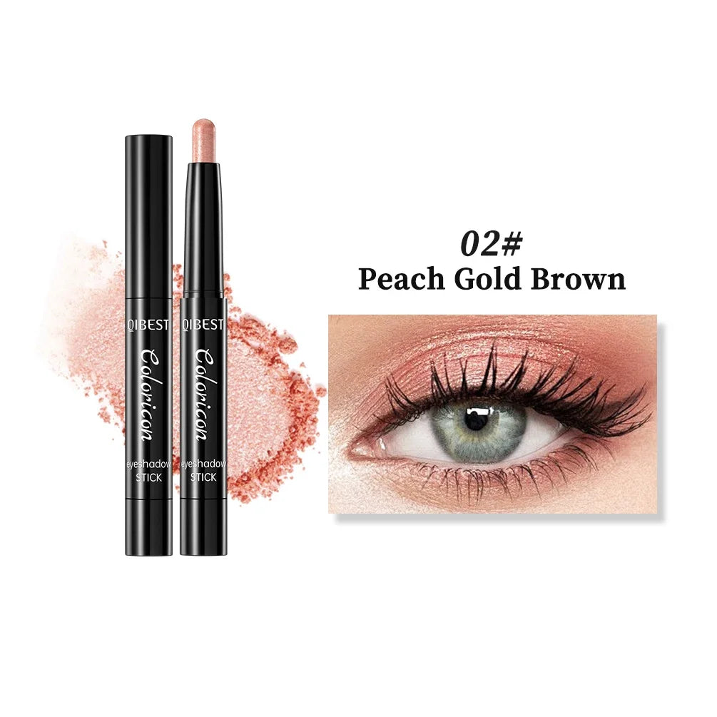 QIBEST Pearlescent Eyeshadow Stick Long Lasting Shimmer Glitter Colorful Eye Shadow Highlighter Women Eyes Makeup Lying Silkworm Qme 02