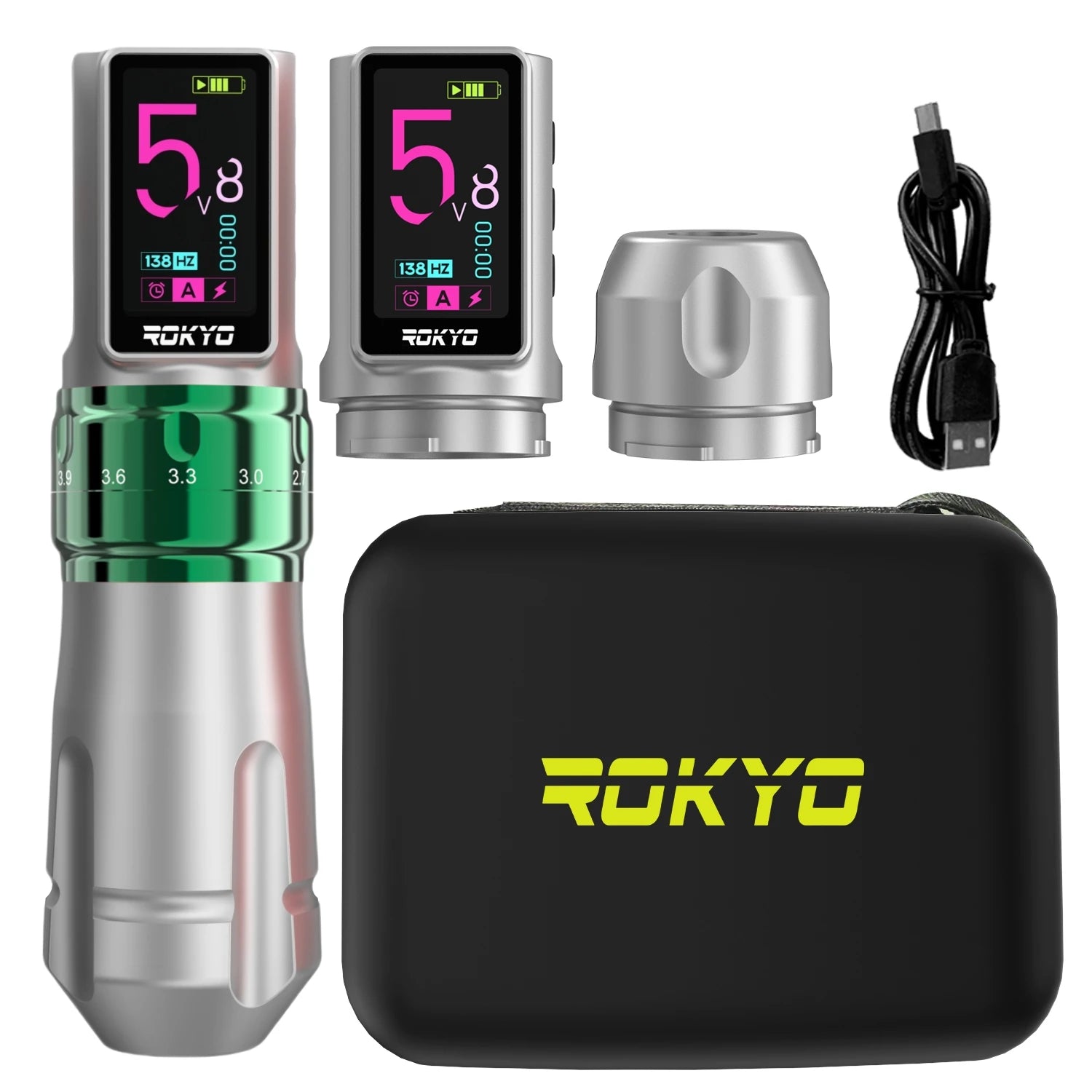 Adjustable Stroke Wireless Tattoo Pen Machine Gun 2.4-4.2mm Rechargeable Battery 2000mAh For Profession PMU Tattoo Supplies Qme Silver Green Dual