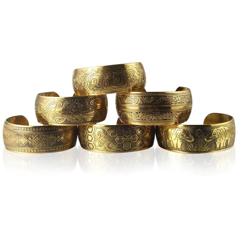 Vintage Gold-Tone Elephant Engraved Wide Cuff Bracelet Adjustable Boho Bangle For Women & Men Qme