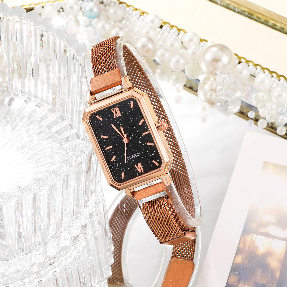 Women Watches Fashion Square Ladies Quartz Watch Bracelet Set Green Dial Simple Rose Gold Mesh Luxury Women Watches Qme