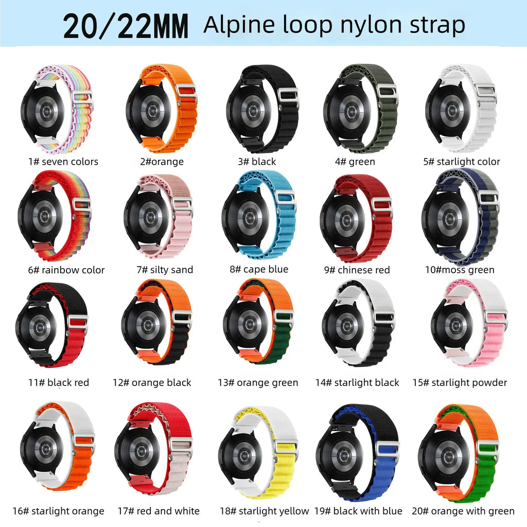 A Alpine Nylon Wrist Strap 18/20/22mm Outdoor Sport Sweatproof Compatible with Huawei Watch GT6 5 4 Samsung Watch Series 4-7 Qme