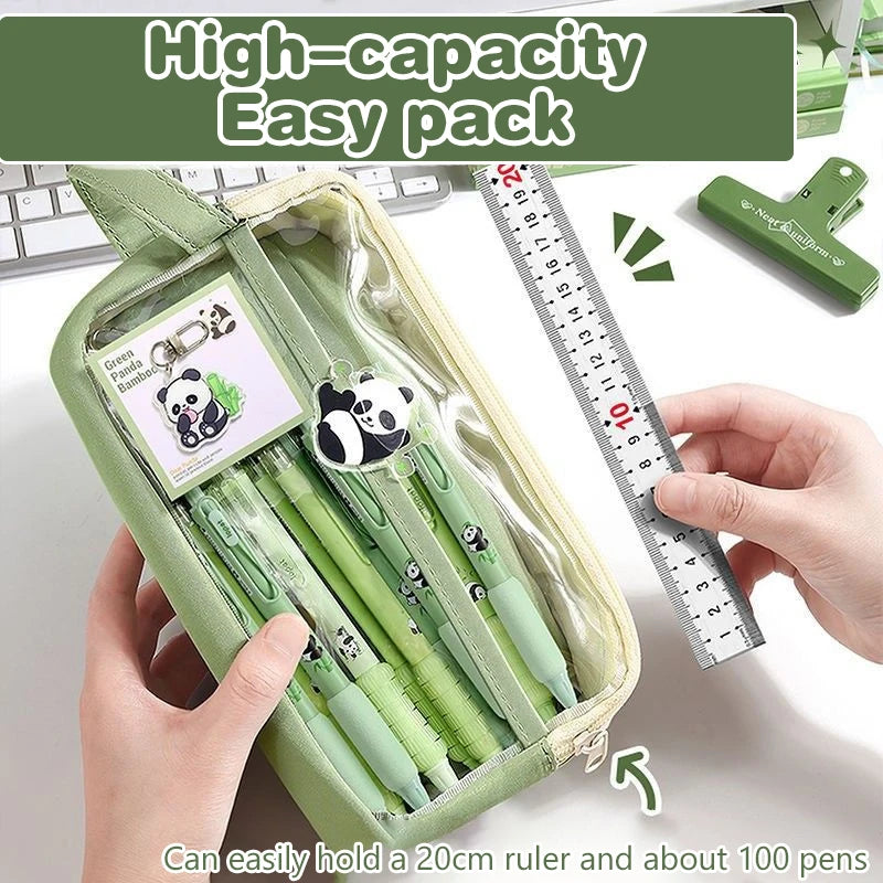 Handheld Double Layer Transparent Pencil Case Pen Bag Hitting Square Qme