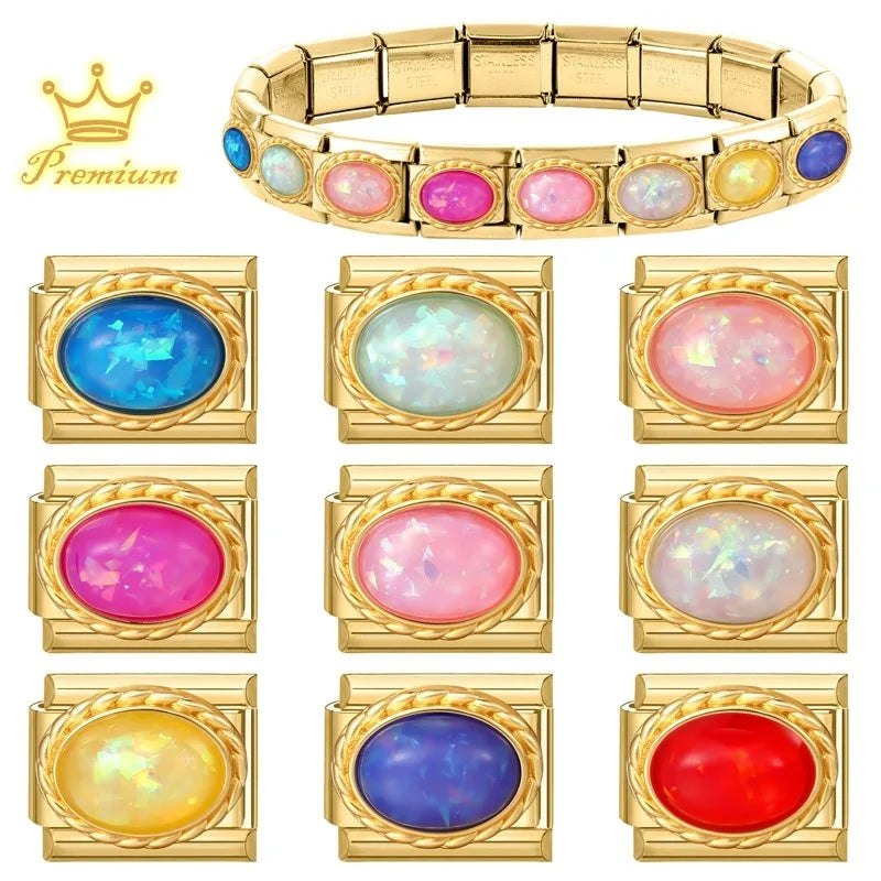 Gold Color Premium Colorful Oval Gems Italian Charm Link Fit 9mm Stainless Steel Bracelet Women Men DIY Making Gifts Wholesale Qme