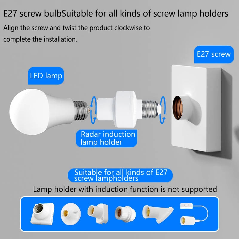 E27 Radar Induction Lamp Holder White Ceiling Light Bulb Fixing Base Qme