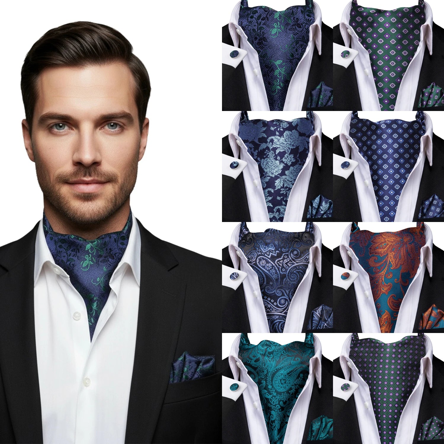 Mens Blue Floral Stripes Cravat Ascot Pocket Square Cufflinks Wedding Qme