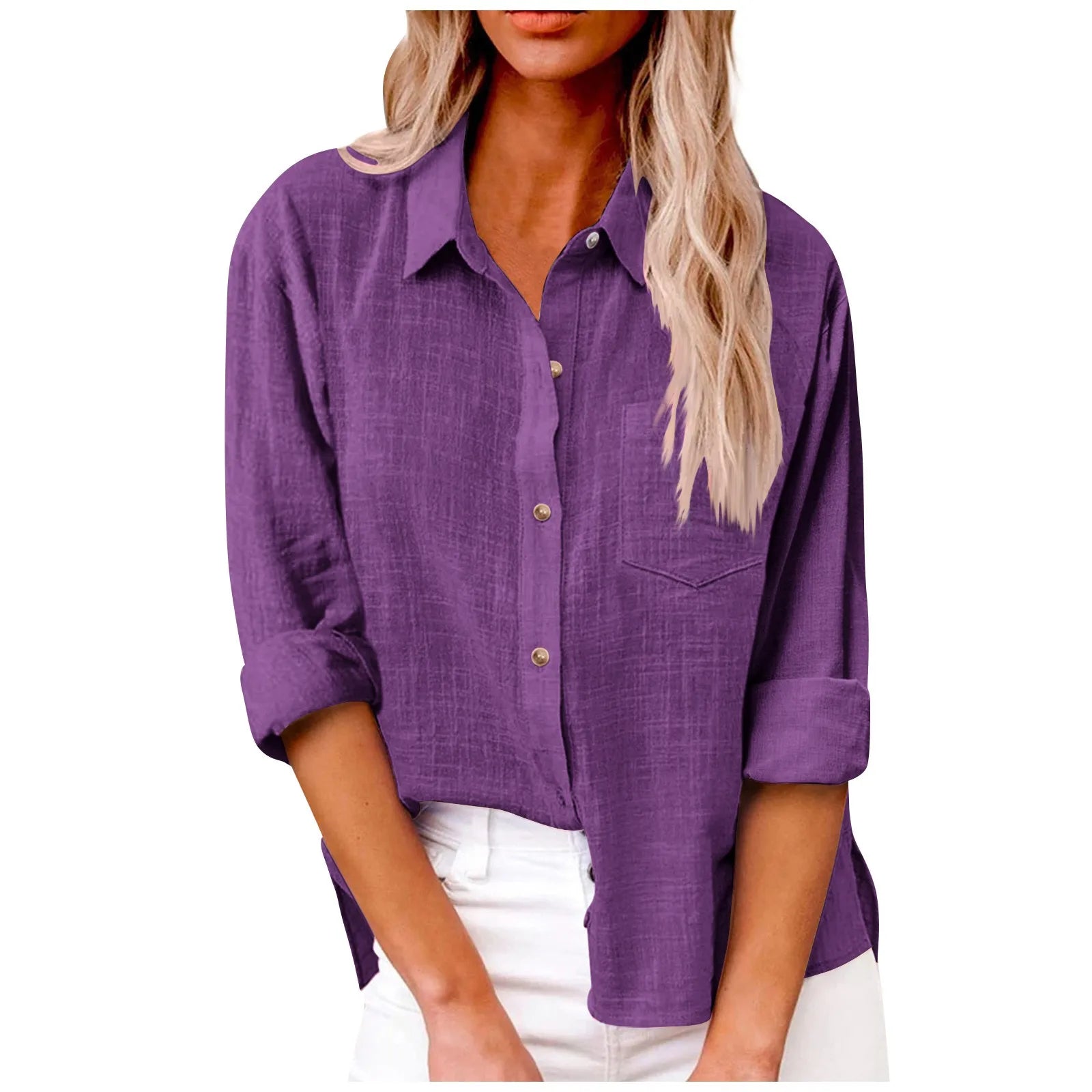 Women’s Long Sleeve Turn Down Collar Solid Color Retro Versatile T-shirts Large Sized Daily Basic Minimalist Dress Shirt For Lad Qme Purple L
