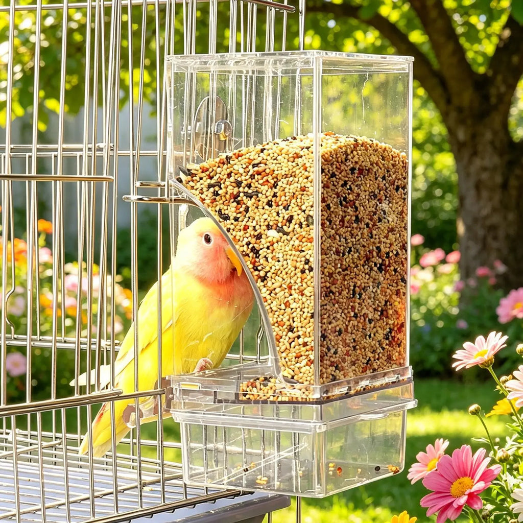 Parakeet Feeder Transparent Automatic Food Dispenser Perch Bird Cage Qme