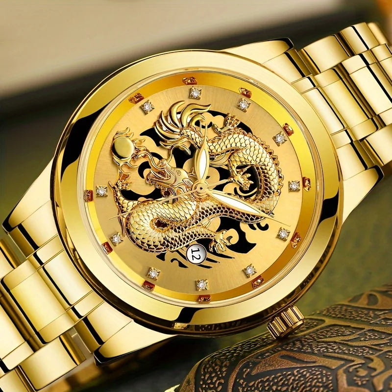 Fashion Men's Watch Chinese Dragon Golden Watch Stainless Steel Calendar Quartz Watch Qme