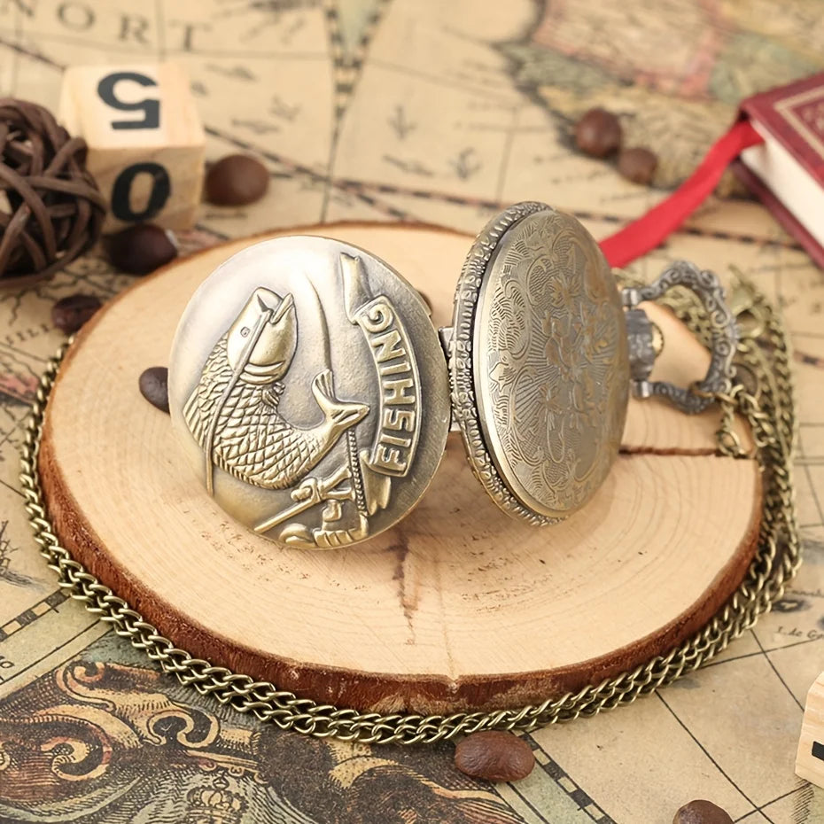 1pc Vintage Outdoor Fishing Pocket Watch Quartz Necklace With Small Fish Sports Watch Qme